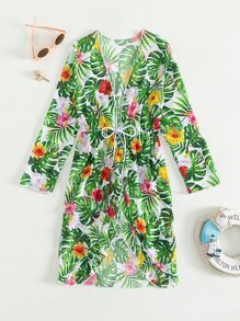 女孩熱帶圖案腰部抽繩和服罩衫