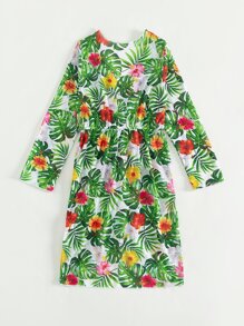 女孩熱帶圖案腰部抽繩和服罩衫