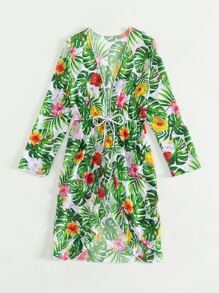 女孩熱帶圖案腰部抽繩和服罩衫