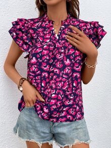 SHEIN VCAY Allover Print Notched Neckline Layered Sleeve Blouse - Hot Pink - View 3