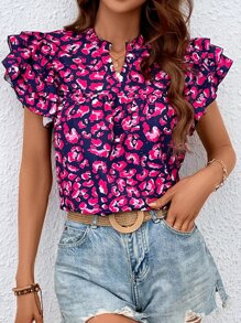 SHEIN VCAY Allover Print Notched Neckline Layered Sleeve Blouse - Hot Pink - View 4