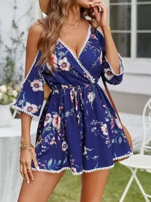 Breezaya Mono con estampado floral de hombros descubiertos ribete con encaje con cordón delantero - Azul Marino - Ver 1