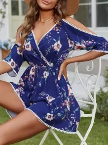 Breezaya Mono con estampado floral de hombros descubiertos ribete con encaje con cordón delantero - Azul Marino - Ver 4