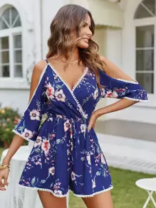 Breezaya Mono con estampado floral de hombros descubiertos ribete con encaje con cordón delantero - Azul Marino - Ver 6