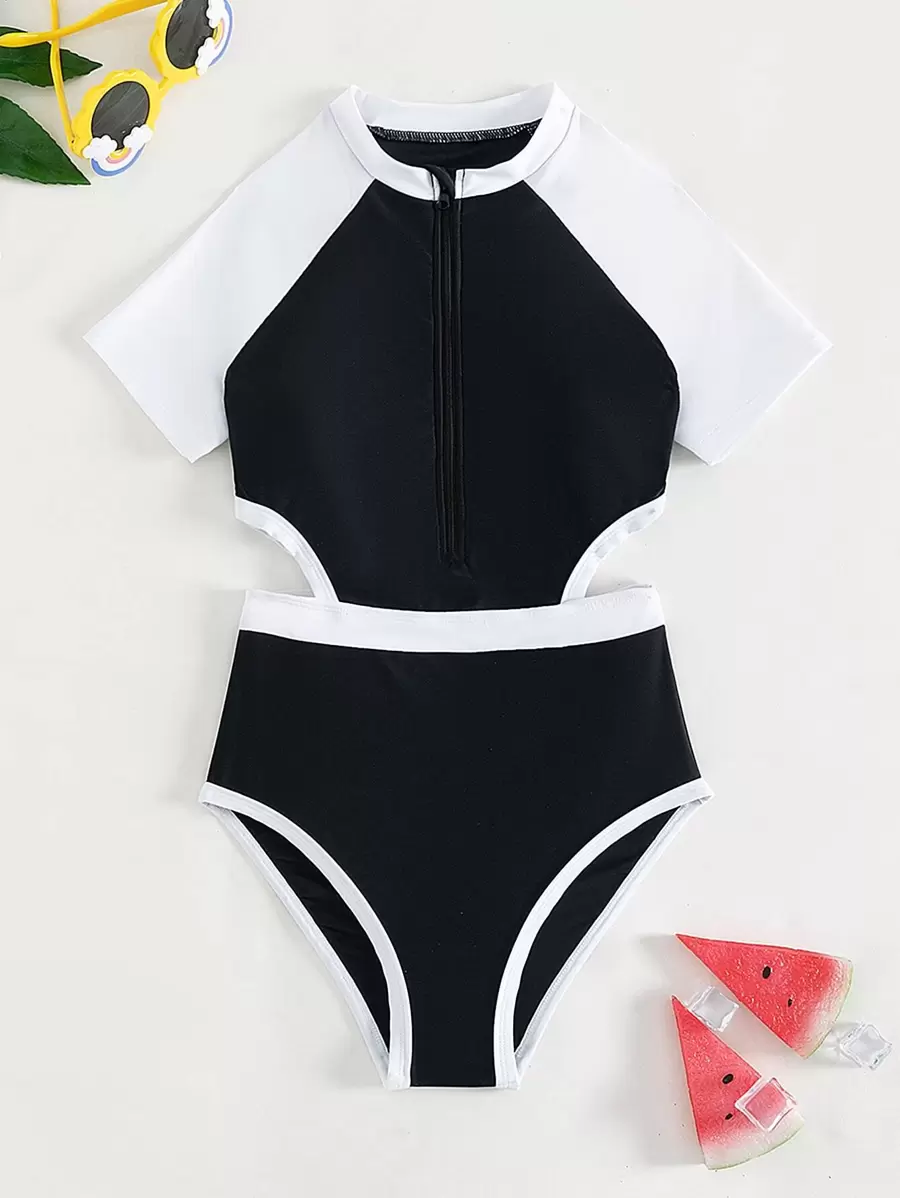 Teen Girls Color Block Zip Front One Piece Swimsuit - Black and White - View 1