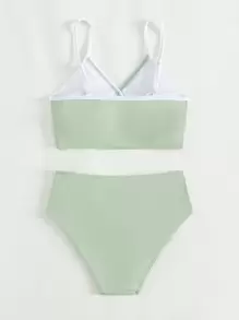 Teen Girls Color Block Ribbed Knit Bikini Set Summer Beach - Mint Green - View 2