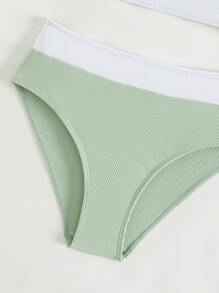 Teen Girls Color Block Ribbed Knit Bikini Set Summer Beach - Mint Green - View 4