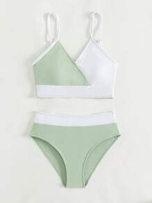 Teen Girls Color Block Ribbed Knit Bikini Set Summer Beach - Mint Green - View 1