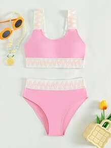 少女 V 形胶带比基尼套装 夏日海滩 - 粉色 - 查看 1