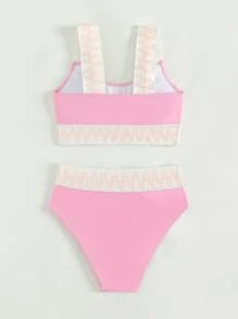少女 V 形胶带比基尼套装 夏日海滩 - 粉色 - 查看 2