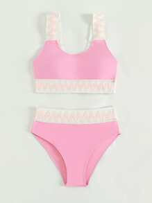少女 V 形胶带比基尼套装 夏日海滩 - 粉色 - 查看 5