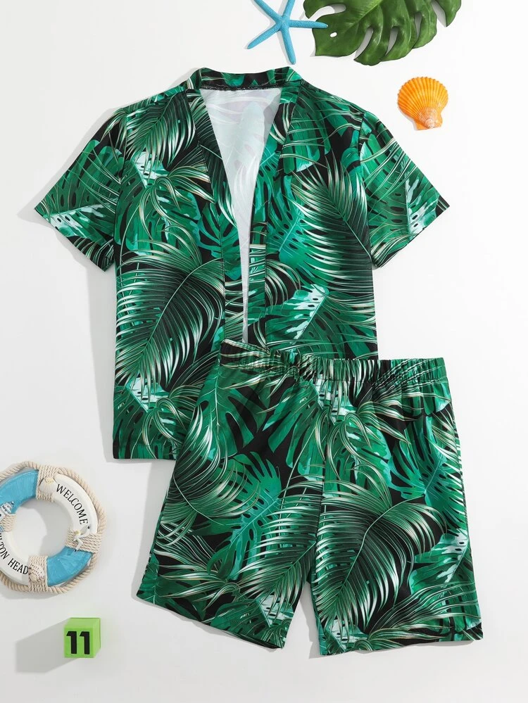 Tween Boy Tropical Print Beach Swimsuit Matching Set