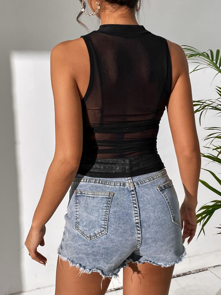 SHEIN Unity Camiseta de malla transparente y sexy de moda, para el verano - Negro - Añade 2