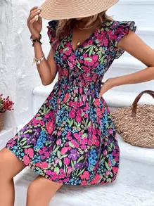 SHEIN Holidaya Vestido con estampado floral ribete con fruncido - Multicolor - Ver 4