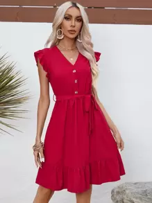 SHEIN VCAY Button Front Belted Ruffle Hem Dress - Red - View 1