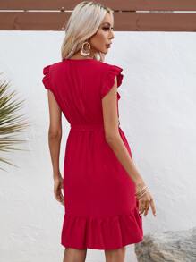 SHEIN VCAY Button Front Belted Ruffle Hem Dress - Red - View 2