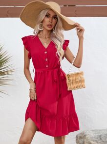 SHEIN VCAY Button Front Belted Ruffle Hem Dress - Red - View 3