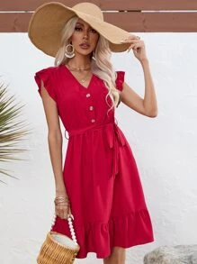 SHEIN VCAY Button Front Belted Ruffle Hem Dress - Red - View 5