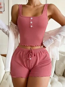 前紐扣木耳邊前打結休閒服套裝 - 藕粉色 - 查看 1