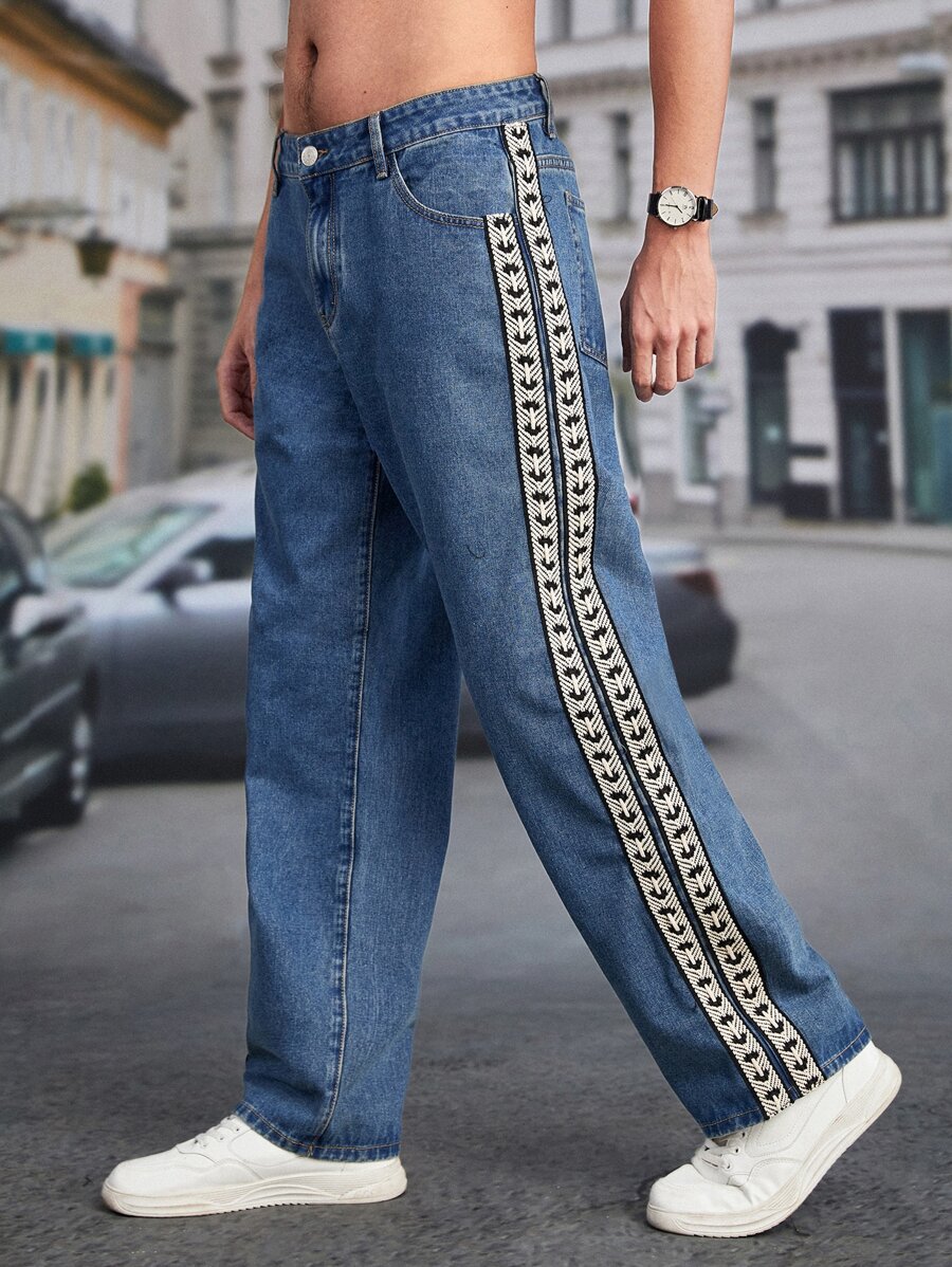 Manfinity Men Contrast Tape Side Straight Leg Jeans - Medium Wash - View 1