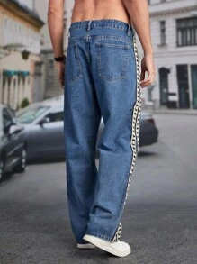 Manfinity Men Contrast Tape Side Straight Leg Jeans - Medium Wash - View 2