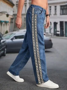 Manfinity Men Contrast Tape Side Straight Leg Jeans - Medium Wash - View 5