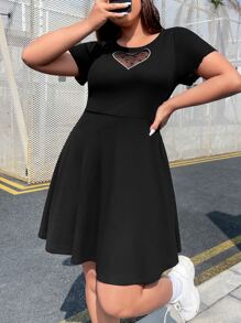 SHEIN EZwear Plus Heart Print Contrast Mesh Dress For Summer,Graduation Dress - Black - View 2