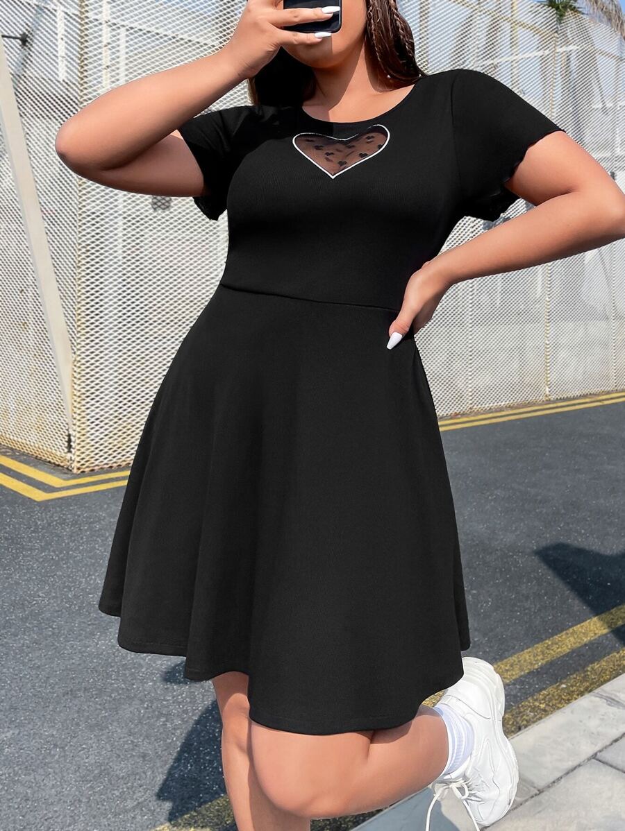 SHEIN EZwear Plus Heart Print Contrast Mesh Dress For Summer,Graduation Dress