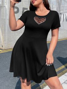 SHEIN EZwear Plus Heart Print Contrast Mesh Dress For Summer,Graduation Dress - Black - View 4