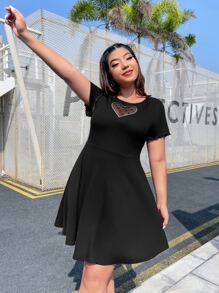 SHEIN EZwear Plus Heart Print Contrast Mesh Dress For Summer,Graduation Dress - Black - View 6