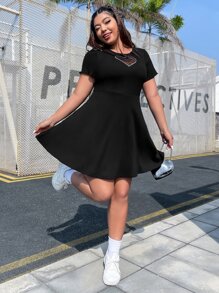 SHEIN EZwear Plus Heart Print Contrast Mesh Dress For Summer,Graduation Dress - Black - View 7