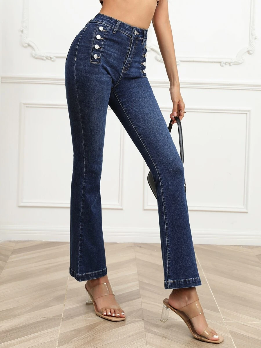 Button Fly Flare Leg Jeans - Dark Wash - View 1