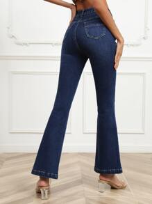 Button Fly Flare Leg Jeans - Dark Wash - View 3