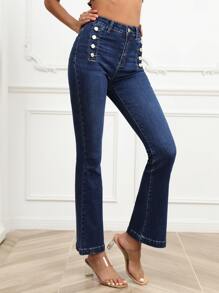 Button Fly Flare Leg Jeans - Dark Wash - View 4