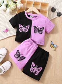 SHEIN Young Girl Color-block Butterfly Design Simple Casual Sports T-shirt With Regular Sleeves And Round Neckline & Shorts Two Piece Set For Summer - Multicolor - View 1