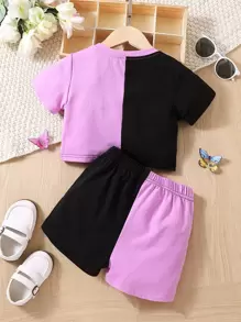 SHEIN Young Girl Color-block Butterfly Design Simple Casual Sports T-shirt With Regular Sleeves And Round Neckline & Shorts Two Piece Set For Summer - Multicolor - View 2