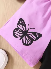 SHEIN Young Girl Color-block Butterfly Design Simple Casual Sports T-shirt With Regular Sleeves And Round Neckline & Shorts Two Piece Set For Summer - Multicolor - View 3