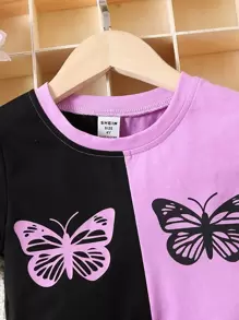 SHEIN Young Girl Color-block Butterfly Design Simple Casual Sports T-shirt With Regular Sleeves And Round Neckline & Shorts Two Piece Set For Summer - Multicolor - View 4