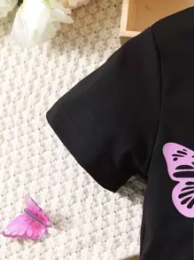 SHEIN Young Girl Color-block Butterfly Design Simple Casual Sports T-shirt With Regular Sleeves And Round Neckline & Shorts Two Piece Set For Summer - Multicolor - View 5