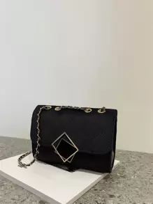 Bolso de hombro ligero, informal, de negocios, con cadena, decoración de metal, acolchado, sólido, para adolescentes, niñas, mujeres, estudiantes universitarios, novatos y trabajadores de cuello blanco, perfecto para oficina, universidad, trabajo, negocios, desplazamientos, actividades al aire libre, viajes, salidas - Negro - Ver 3
