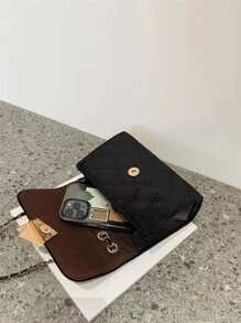 Bolso de hombro ligero, informal, de negocios, con cadena, decoración de metal, acolchado, sólido, para adolescentes, niñas, mujeres, estudiantes universitarios, novatos y trabajadores de cuello blanco, perfecto para oficina, universidad, trabajo, negocios, desplazamientos, actividades al aire libre, viajes, salidas - Negro - Ver 7