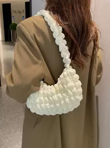 可愛的、可愛的、休閒極簡主義的褶皺袋蓬鬆手袋,秋冬時尚搭配小方包 - 米色 - 查看 3