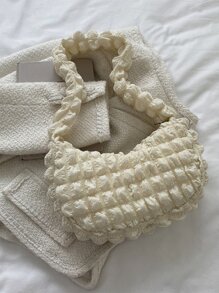 可愛的、可愛的、休閒極簡主義的褶皺袋蓬鬆手袋,秋冬時尚搭配小方包 - 米色 - 查看 6