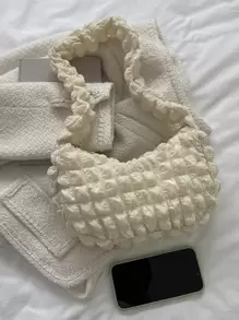 可愛的、可愛的、休閒極簡主義的褶皺袋蓬鬆手袋,秋冬時尚搭配小方包 - 米色 - 查看 7