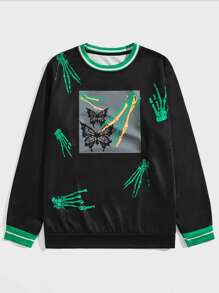 ROMWE MEN Hombres Sudadera esqueleto con estampado de mano - Negro - Ver 1