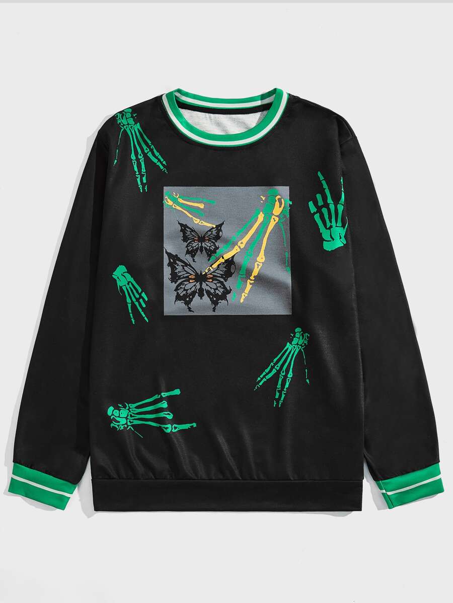 ROMWE MEN Hombres Sudadera esqueleto con estampado de mano - Negro - Ver 1