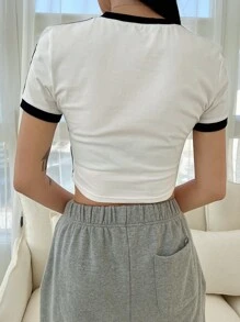 DAZY Letter Graphic Contrast Binding Crop Tee - White - View 2