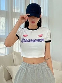 DAZY Letter Graphic Contrast Binding Crop Tee - White - View 7