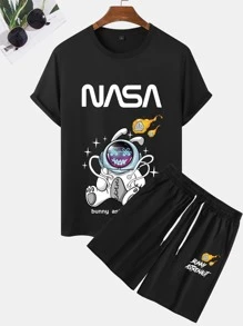 Manfinity Homme 男士宇航員和字母圖形T恤和短褲 - 黑色 - 查看 3