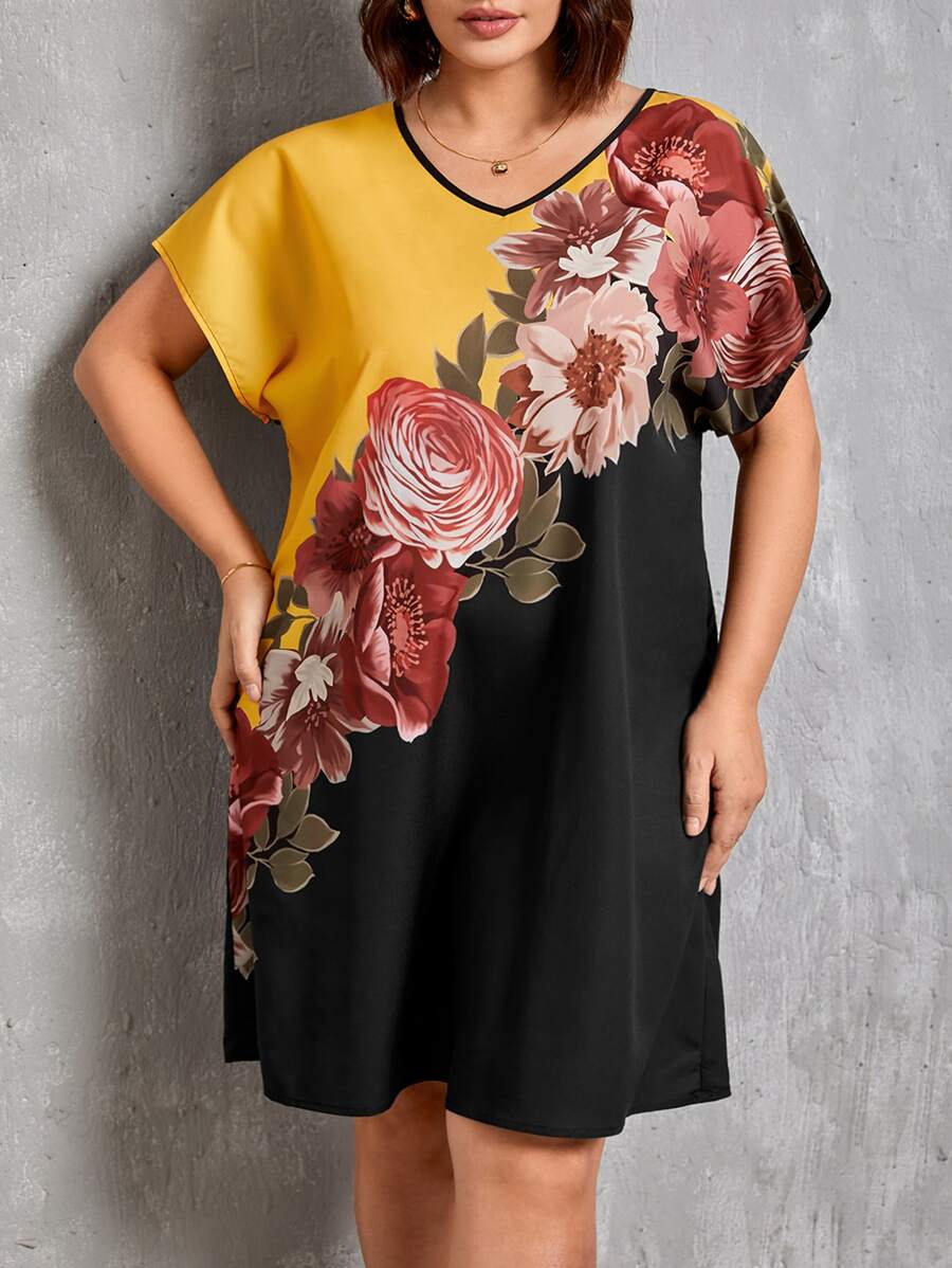 EMERY ROSE Vestido túnico con estampado floral de color combinado de manga murciélago - Negro - Ver 1